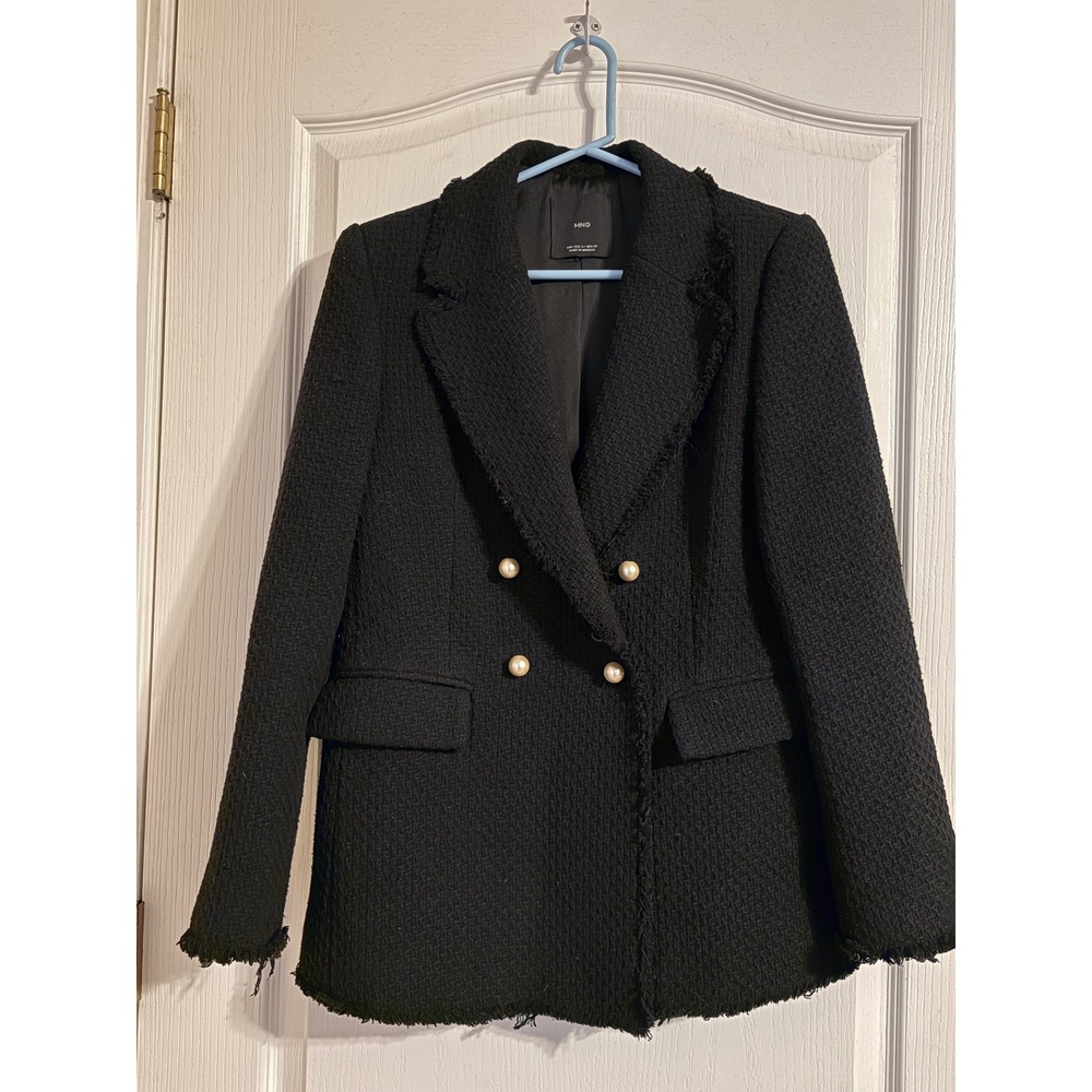 Mango Tweed Blazer Women S Black Excellent Pearl Button Frayed Trim Jacket